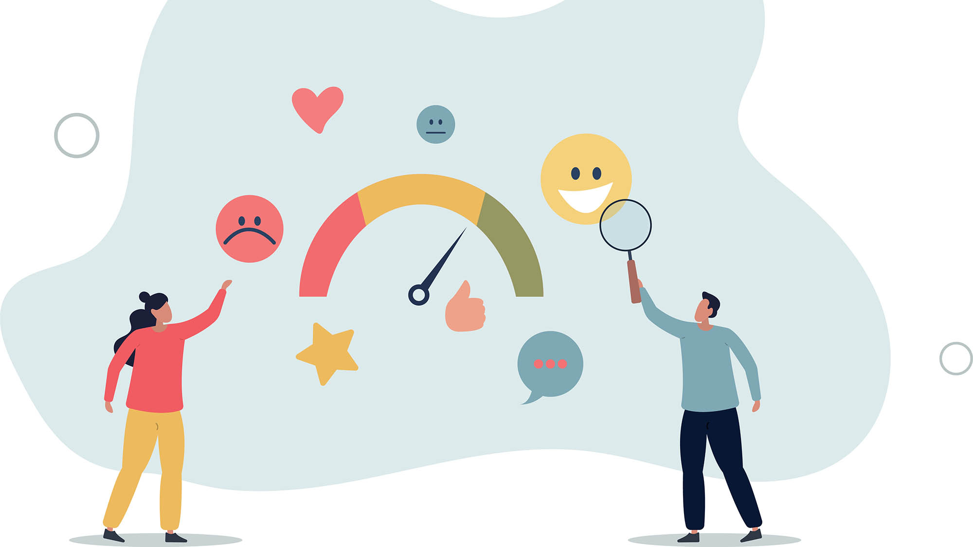 Two illustrated figures reaching for happy and angry emoji.