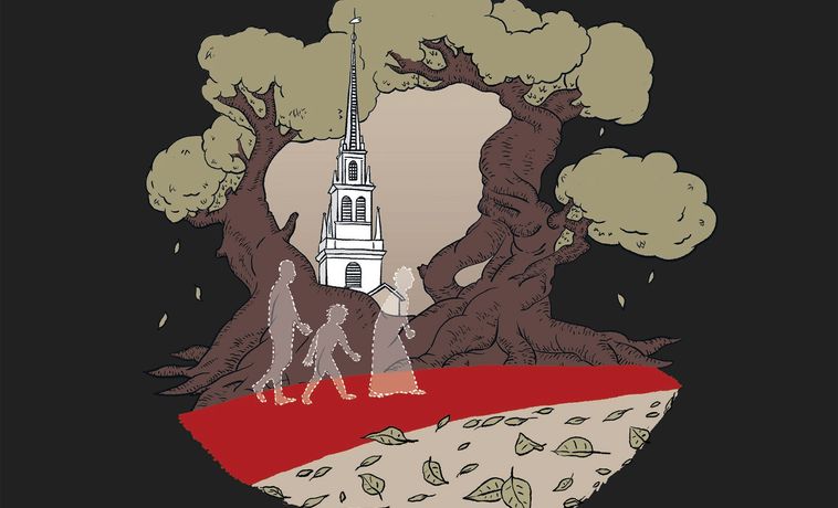 Sketch of three faceless figures walking on a red path among trees with the Old North Church steeple in the background.