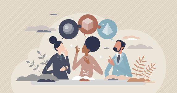 Animation of people exchanging ideas through speech bubbles