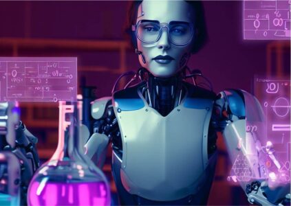 female robot with lab equipment around and a colored background