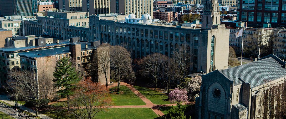 Drone view above Charles River campus