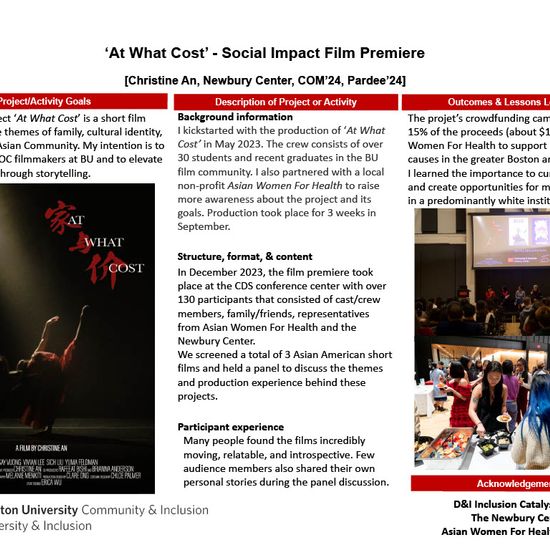 A poster titled "At What Cost- Social Impact Film premier"
