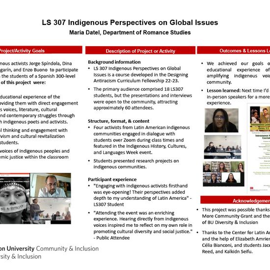 A poster titled "LS 307 Indigenous Perspectives on Global Issues"