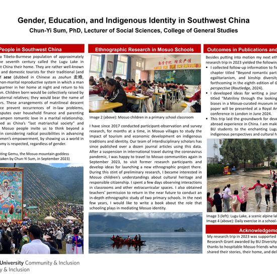 A poster titled "Gender, Education, and Indigenous Identity in Southwest China"