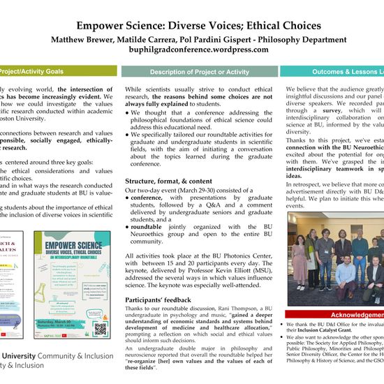 A poster titled "Empower Science: Diverse Voices; Ethical Choices"