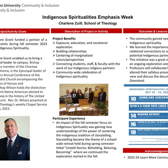 A poster titled "Indigenous Spiritualities Emphasis Week"
