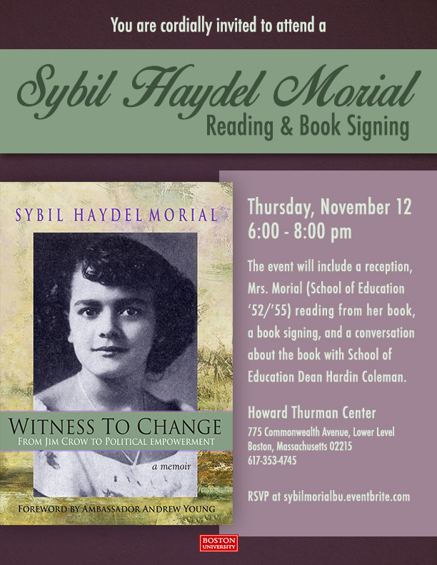 Invitation to Sybil Morial event on Thursday, Nov. 12 in the Howard Thurman Center.