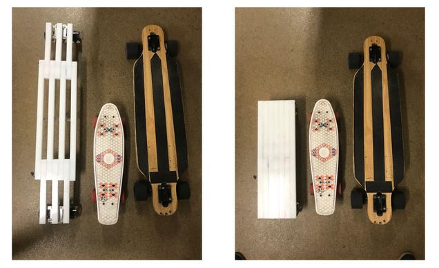 A prototype of the collapsible longboard designed by freshman Justin Fiaschetti (ME)