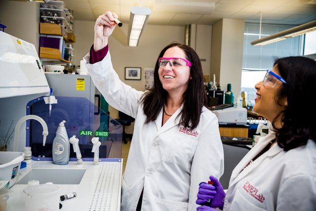 1/11/17 - Boston, Massachusetts ENG student Chitanya Gopu (ME17) and College of Engineering Research Assistant Professor Jillian Goldfarb in a lab on January 11, 2017. Photo by Rachel Gianatasio for Elevin Studios for Boston University Photography
