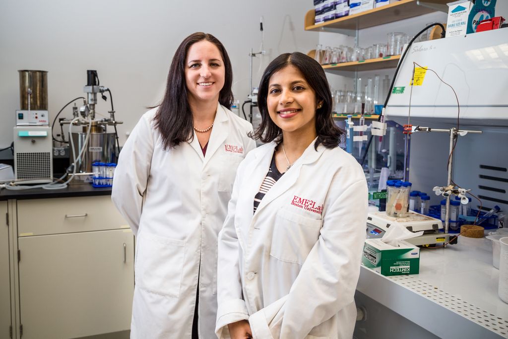 1/11/17 - Boston, Massachusetts ENG student Chitanya Gopu (ME17) and College of Engineering Research Assistant Professor Jillian Goldfarb in a lab on January 11, 2017. Photo by Rachel Gianatasio for Elevin Studios for Boston University Photography