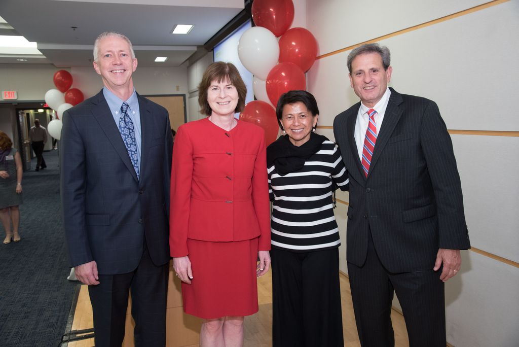 The ENG distinguished alumni receive their awards at a reception over Alumni Weekend 2017. (left to right: William Weiss, Denise Schier, Bettina Briz-Himes, Dean Kenneth R. Lutchen)
