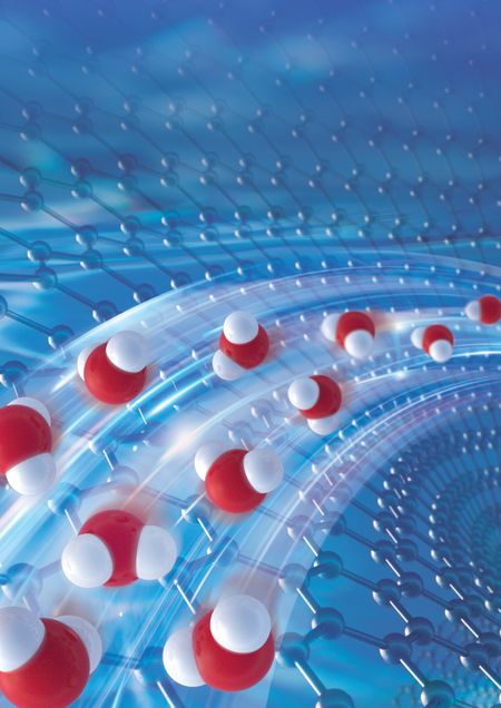 Graphic representation of water flowing over graphene created by graduate student Quan Xie and first author on the paper.