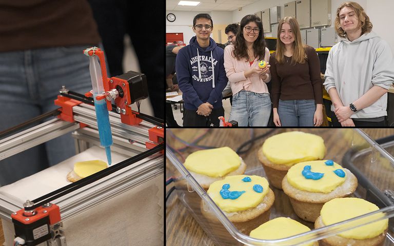 students with their cupcake frosting machine. The cupcakes have a smiley face on them