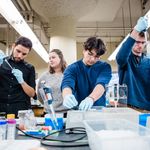 Group of 4 BU students during Bio Lab with medical instruments