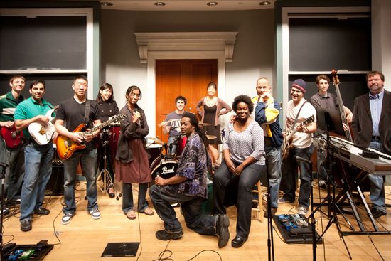 The BU Medical Campus Band: (from left) Michael Andreoli, Anand Devaiah, Jason Kung, Joyce Wang, Tharu, James Reilly, Kelvin Rowe, Kristine Xue, Monica Miller, Rafael Ortega, Fernando Almenas, Alexander Vezeridis, and James Holsapple. Not pictured: Caroline Apovian, Kofi Abbensetts, and Hiran Fernando. Photo courtesy of BUMC Band.
