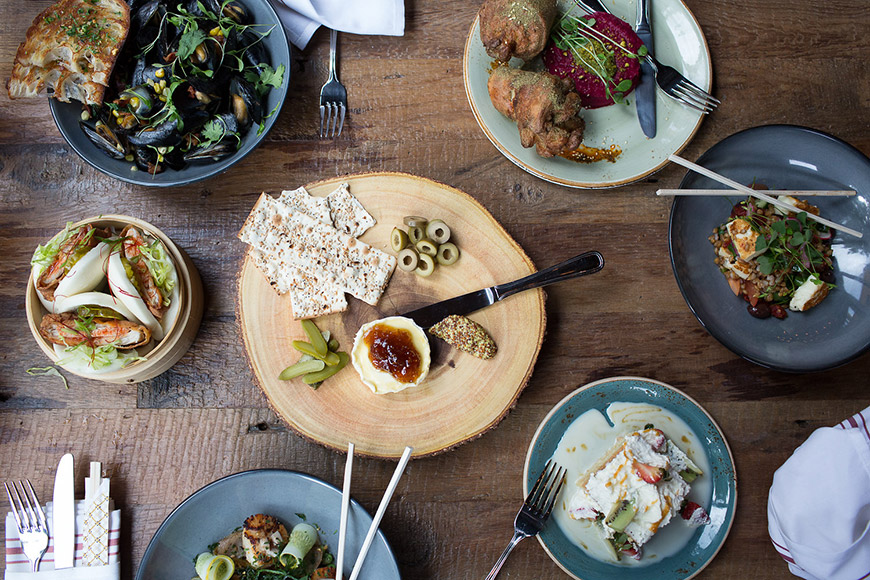 Aerial view of dishes on table.