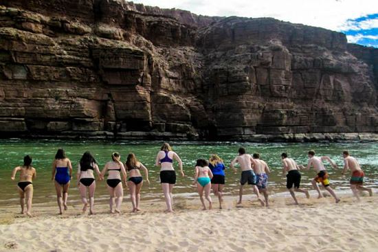 A dive in the Colorado River: Lucy Mui (from left), chaperone Sarah Voorhees , Grace Gilheany, Amy Biggart, Danica Smith, Julie Williams, Amy Wade, Ashley Worthington, Ryan Mandly, Dylan Lewellyn, Steve Caron, Mike Pratt, and Matt Sullivan. Photo by Amy Wade