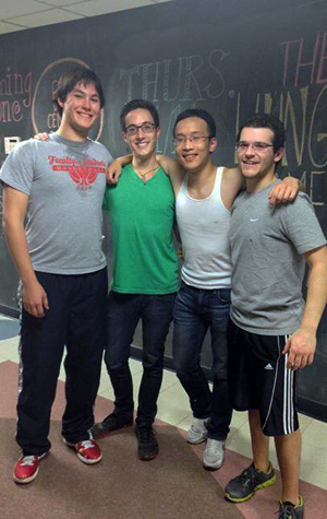 Baritones William Maness (SMG’14) (from left), David Frankenfield (COM’15), Gregory Yim (SAR’15), and Adrian Tanner (ENG’15) of BU In Achord won the 2013 BU Amazing Race in the student organization category.
