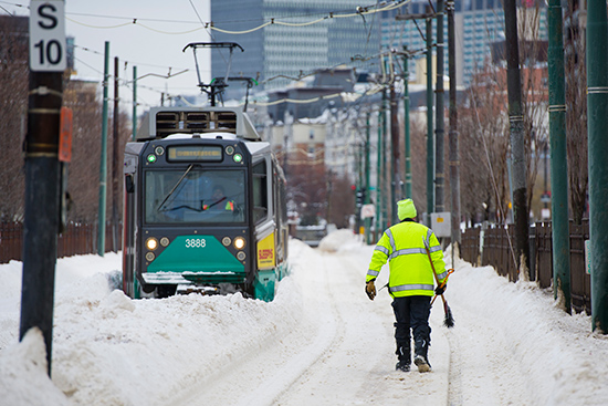 MBTA Green Line B-Train during the blizzard of 2015