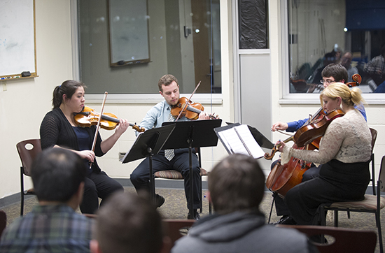 Graduate Student Michael Hustedde (CFA 15) and the Videri String Quartet play at the GSU on Thursday, February 26, 2015 for the BU Video Game Society.
