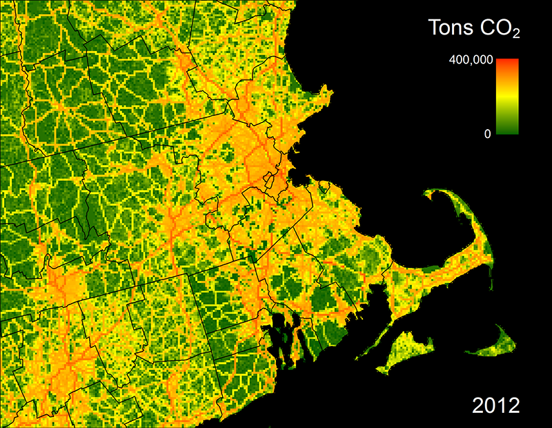 Conor Gately’s map of Boston and surrounding areas shows CO2 “hotspots”—major highways and dense urban areas.
