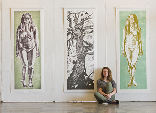 To create her thesis project <em>Roots</em>, a series of large-scale prints, Rebecca Touhey (CFA’15) carved images into two-foot-by-six-foot wooden planks.
