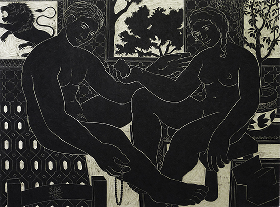 The Gift, woodblock print on paper, 2012, by Aaron Norfolk.