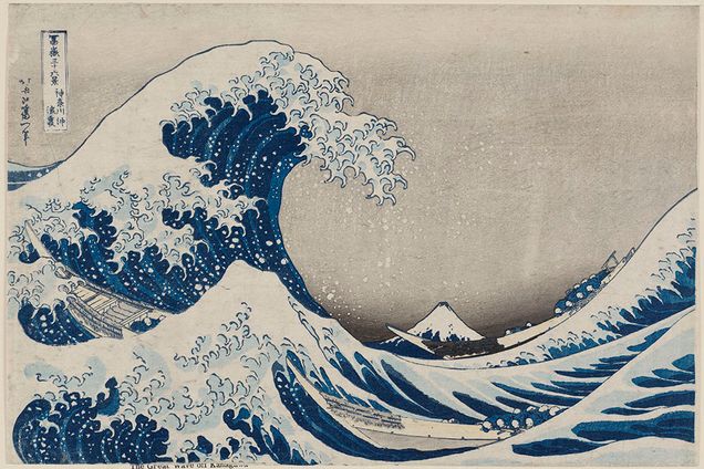 Under the Wave off Kanagawa (Kanagawa-oki nami-ura), also known
as the Great Wave, from the series Thirty-six Views of Mount Fuji
(Fugaku sanjûrokkei) Katsushika Hokusai (Japanese, 1760–1849) about 1830–31 (Tenpô 1–2) Woodblock print (nishiki-e); ink and color on paper * William Sturgis Bigelow Collection