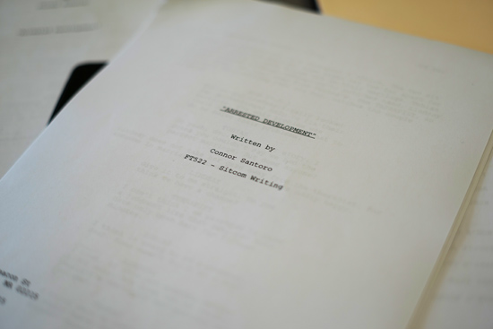 Script from television show Arrested Development photographed in the Boston University Writing Television Situation Comedy Class