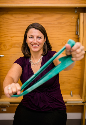 Cara Lewis determined the best way to rehab hip abductors using the TheraBand. Photo by Dan Aguirre