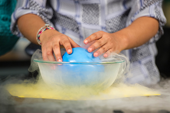 Professor Rama Bansil and Shivangi Surana (SPH'16) with liquid nitrogen "cooking" November 3, 2015.