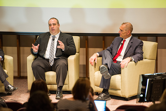 Leonard Campanello Chief of Police, Gloucester, MA and Frederick Ryan, Chief of Police, Arlington, MA at the Boston University School of Public Health Seminar about the Opioid Epidemic