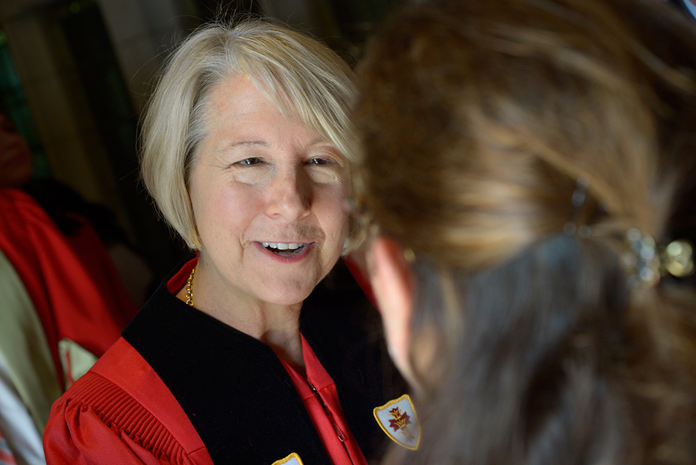 Peace Corps Director Carrie Hessler-Radelet talks to attendees of the Baccalaureate service preceeding Boston University's 143rd Commencement