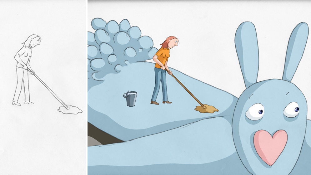 Comparison of sketch to final design from the animated film Rocks in my Pockets