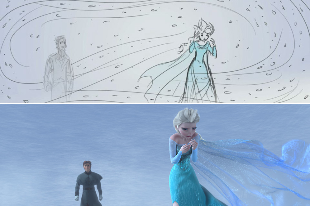 Comparison of sketch to final design of the final scene from the movie Frozen