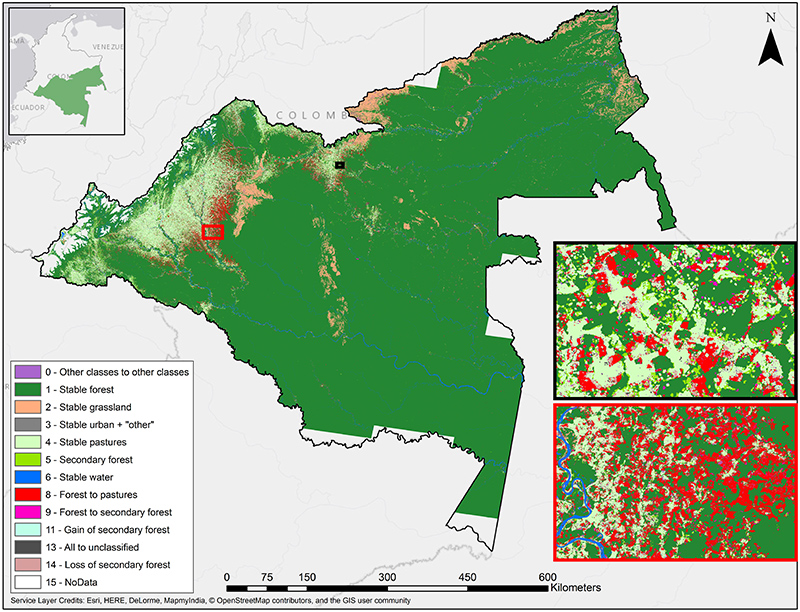 Satellite map showing deforestation in Colombia