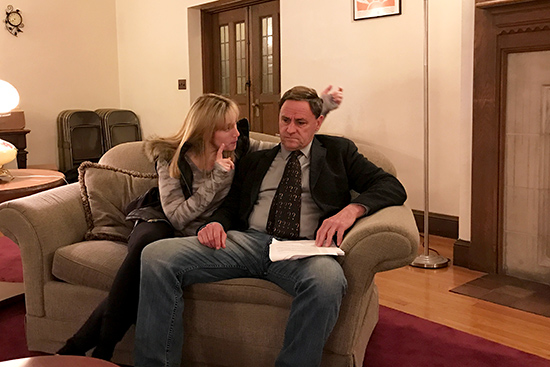 Actors from Who’s Afraid of Virginia Woolf? posing on couch.