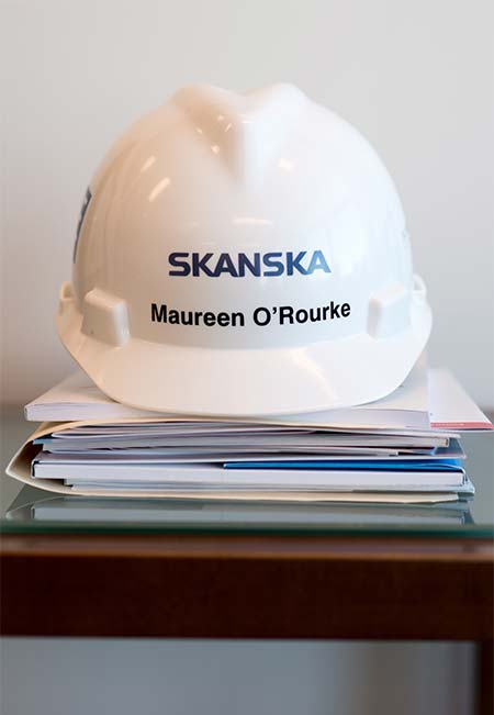SKANSKA construction hat in the office of Boston University School of Law Dean Maureen O'Rourke