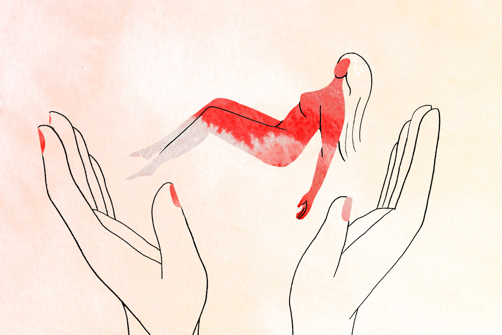 Illustration of hands holding the body of a woman symbolizing the help of patient navigators for underserved women with breast cancer