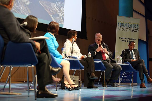 (From left) Alex Krieger, Dr. Zorica Pantic, Dr. Valerie Roberson, Dr. Robert Brown and Dr. Lee Pelton speak during "Forums on the Future: How Academic Institutions Play a Role in Boston's Future," at Boston Public Library