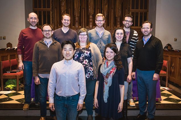 Marsh Chapel Choral Scholars and staff (top row, from left) Patrick T. Waters, Douglas Dodson, Ethan DePuy, and Sean Watland, conducting fellow; (middle row, from left) Justin Thomas Blackwell, Marsh Chapel associate director of music, Carey Shunskis, Kim Leeds, and Scott Allen Jarrett, Marsh Chapel director of music; (bottom row, from left) Junhan Choi and MaryRuth Lown.
