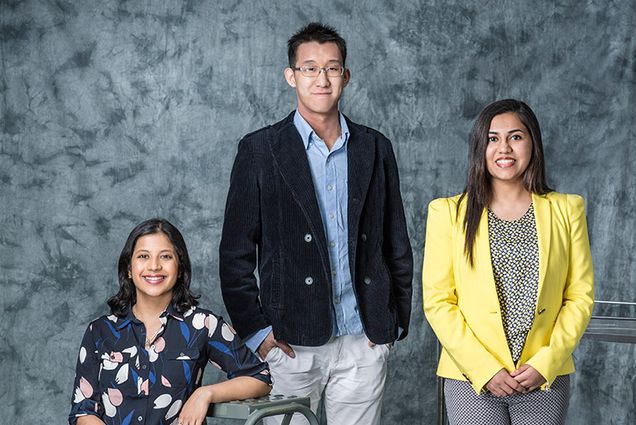 College of Engineering (ENG) students from left, Chitanya Gopu (MEí17), Phillip Teng (BME í19), and Varnica Bajaj (BMEí19).
