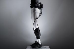 A medical exosuit designed to help stroke victims walk is displayed on a mannequin
