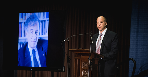 Elisha Wiesel speaks about his father during the Alumni Weekend event "In Memory of Elie Wiesel: A Day of Learning & Celebration"