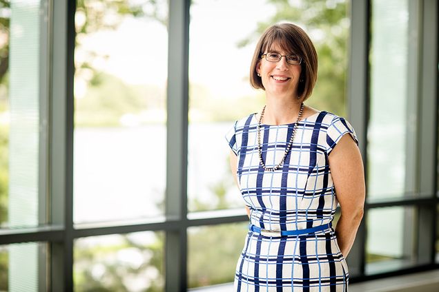 Portraits of LAW Dean Maureen O'Rourke inside the new LAW Redstone Building. Photo by Dan Aguirre