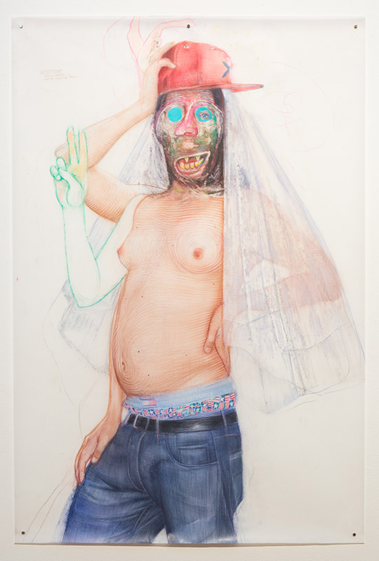 Grunt with Tulle, 2010–2017, watercolor pencil and crayon on Mylar