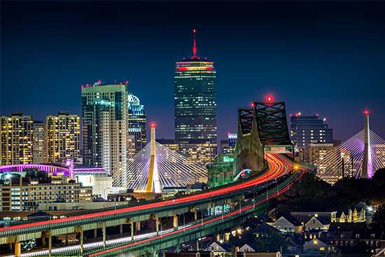 View of the Boston skyline at night