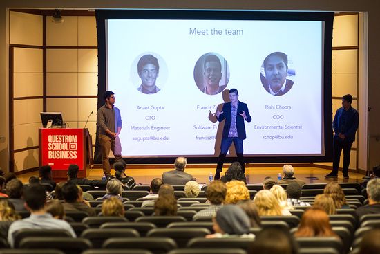 Creators of the GrowPro cultivation monitoring system present their business idea at the BUzz Lab Cannabis Start-up Competition at the Questrom School of Business