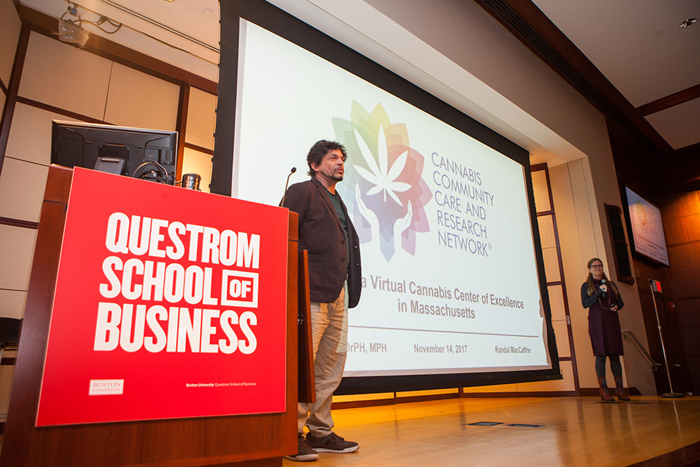 Cofounders of the start-up Cannabis Community Care and Research Network pitch their busines idea at the Cannabis Start-up Competition at the Questrom School of Business