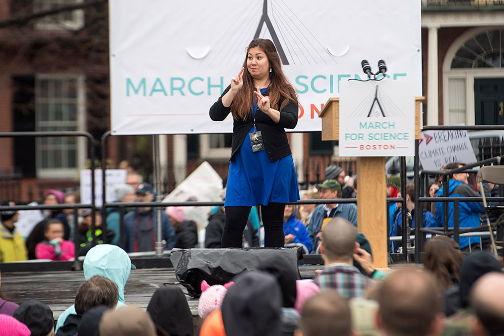 Alicia Wooten (MED’19), who is deaf, told the crowd at the April 22 March for Science on Boston Common in American Sign Language, “I didn’t need to hear a single thing to know that I could make a difference in science, despite others’ doubts.” Photo by Cydney Scott